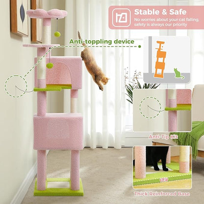 Flower Cat Tree, 62-Inch Tall Multi-Level Cat Tower with Scratching Posts for Large Indoor Cats, Plush Bed w/Padded Perches, Scratching Pad &amp; 2 Green Pompoms, Pink