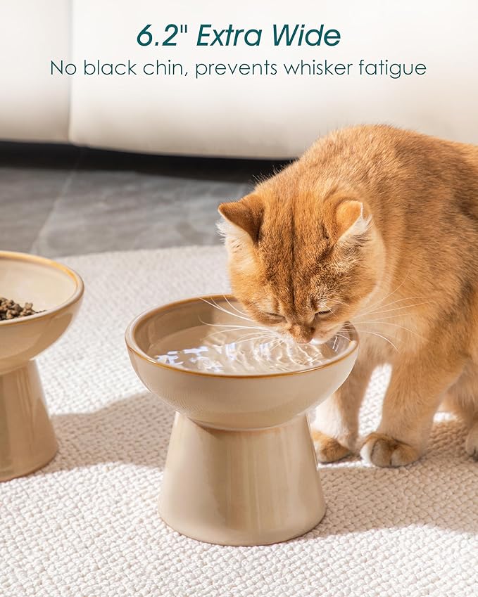 vancasso Ceramic Elevated Cat Bowls 2-Pack - 6.2" Extra Wide Raised Cat Food &amp; Water Dishes, 5.1" Optimal Height Anti-Whisker Fatigue Shallow Bowls for Cats/Kittens/Dogs, Lead &amp; Cadmium Free (Brown)