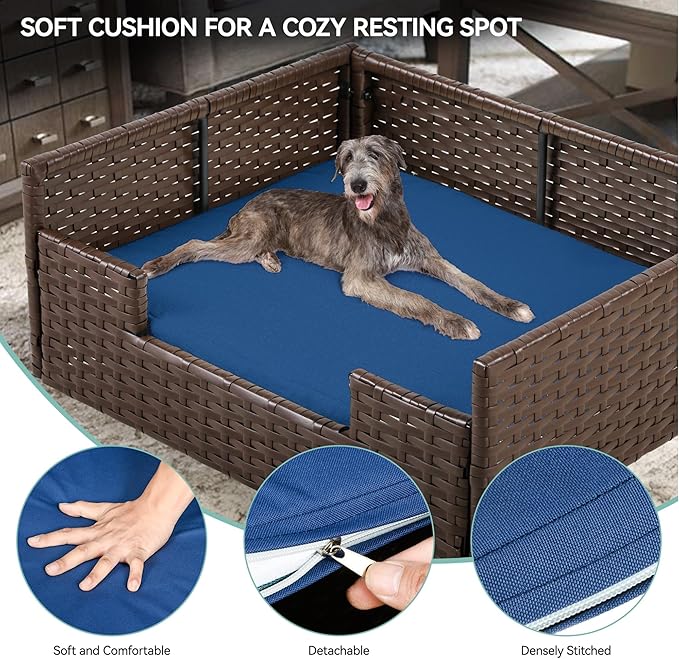 YITAHOME Rattan Dog Sofa Bed with Cushion, Wicker Pet Bed Sofa Couch Indoor Outdoor Waterproof for Large Medium Small Dogs Cats (38.6&