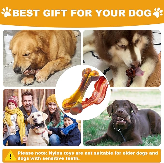 Dog Toys for Aggressive Chewers, Indestructible Dog Chew Toys for Large Medium Small Breed, Tough Nylon Interactive Durable Chew Toy Bone for Puppy Teething Toy Bacon Flavor, Best Gift&amp;Keep Them Busy