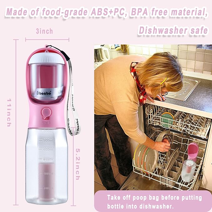 Dog Water Bottle with Food Container &amp; Poop Bag Holder, Travel Water Bowl, Portable Pet Dispenser, Girl Dog Accessories Stuff Items Essentials Gift for Yorkie Chihuahua Walking Hiking