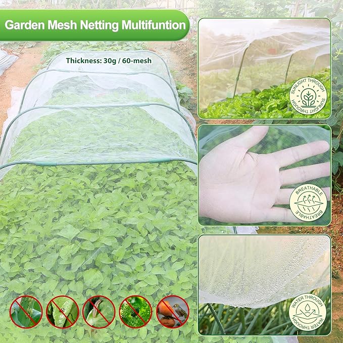 Garden Netting Kit, 10X30 Ft Garden Ultra Fine Mesh Net Bird Barrier Protection with Garden Hoops for Protect Garden Vegetables Flowers Shrubs Fruit Trees Indoors &amp; Outdoors Plant Beds Greenhouse