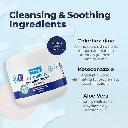 Vetnique Dermabliss Chlorhexidine for Dogs Skin Health Antibacterial Wipes for Dogs for Infections, Irritation &amp; Redness Relief (Skin Wipes, 50 Count)