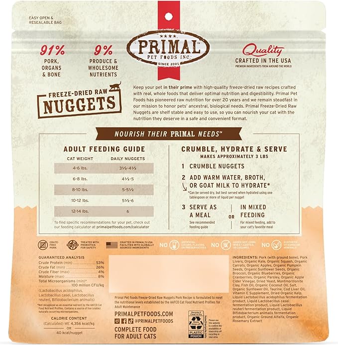Primal Freeze Dried Raw Cat Food Nuggets Pork, Complete &amp; Balanced Meal or Topper, Premium, Healthy, Grain Free, High Protein Raw Cat Food with Probiotics (14 oz)