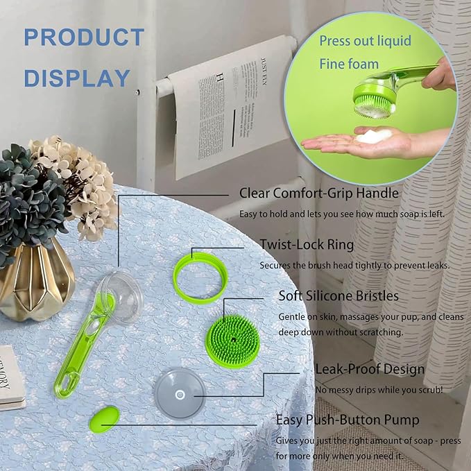 (4PCS) Pet Bath Brush,2025 New 2 in 1 Dog Bath Brush,Dog Shampoo Brush Bubble Maker,Bathing Dogs Grooming Massage Brush for Long &amp; Short Haired Dogs &amp; Cats,with Built-in Shampoo Dispenser(Green)