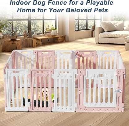 2 Room Dog Playpen with Door,DIY Shape Combination Puppy Pen,16-Panel+2 Link Piece+Large Door+Small Door,25.5" H Dog Fence,Non-Slip&amp;Secure Pet Gate,Easy to Assemble,Pink + White
