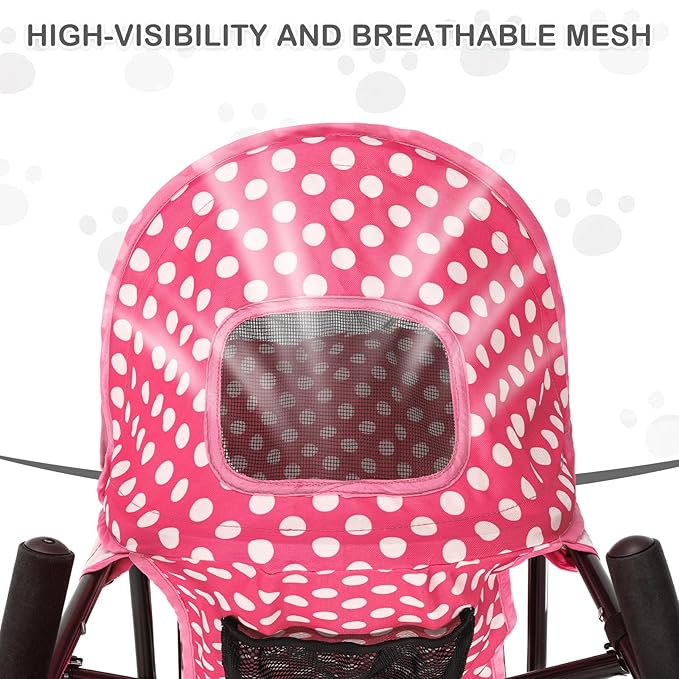 MoNiBloom 4 Wheels Pet Stroller, Easy-Fold Umbrella Shaped Dog Cat Jogger Stroller w/Storage Bag &amp; Visible Mesh for Small/Medium Dogs Cats Hot Pink Polka Dots