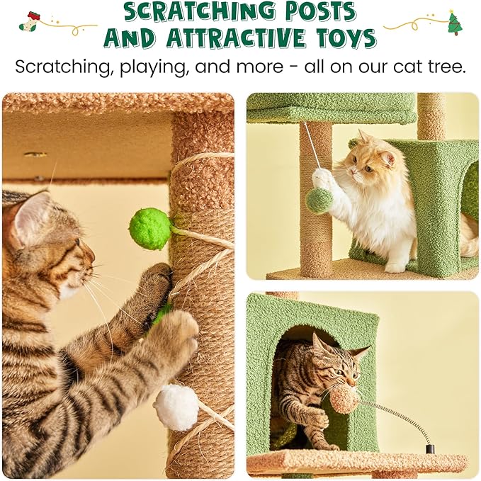 MWPO 70.1-Inch Green Large Cat Tree, Multi-Level Tall Cat Tower for Indoor Cats, Plush Cat Condo with Big Padded Perches, Sisal-Covered Scratching Posts, Hammock, Toys for Kittens &amp; Cats