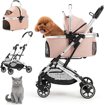 Kenyone 3-in-1 Pet Stroller for Small Medium Dogs Puppy Cat Stroller with Detachable Carrier &amp; Pad Lightweight Foldable Aluminum Alloy Frame Dual No-Zip Entry(Pink)