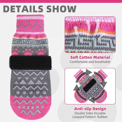 KOOLTAIL Dog Socks to Prevent Licking Paws for Hardwood Floors Anti Slip, Winter Warm Pet Boots&amp;Paw Protector with Grippers, Double Sides Dog Shoes Booties for Small Medium Large Senior Dogs Pink S
