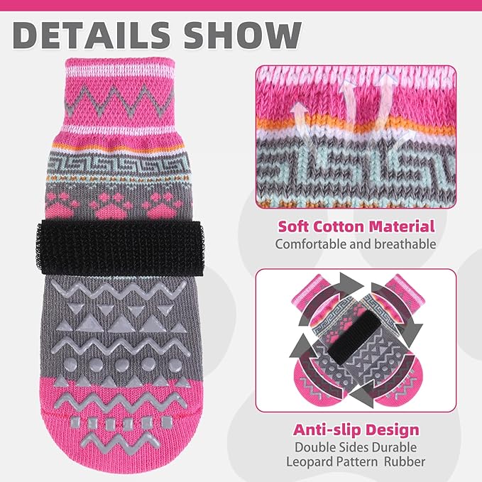 KOOLTAIL Dog Socks to Prevent Licking Paws for Hardwood Floors Anti Slip, Winter Warm Pet Boots&amp;Paw Protector with Grippers, Double Sides Dog Shoes Booties for Small Medium Large Senior Dogs Pink L
