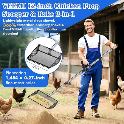 12 Inch Chicken Poop Scooper &amp; Rake 2-in-1, Large Metal Shovel Head, Rubber Handle Stainless Steel Chicken Litter Scoop for Chicken Coops, Litter Screening Scoop (35 to 65in) US Patent Pending (Black)