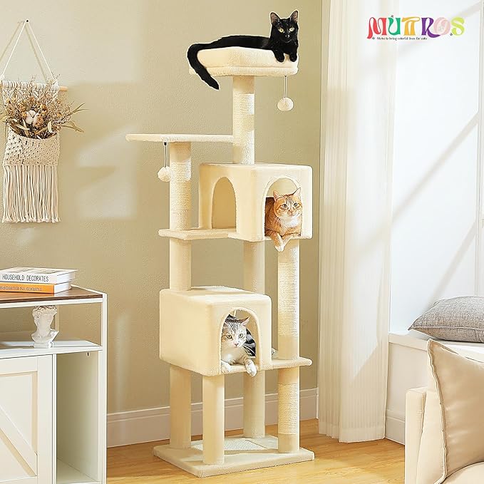 Cat Tree for Indoor Cats, Multi-Level Cat Tower with Sisal Scratching Posts, Padded Platform, Multi-Level Cat Condo w/Soft Bed &amp; Scratching Pad, 2 Pompoms, Sturdy Base, Beige