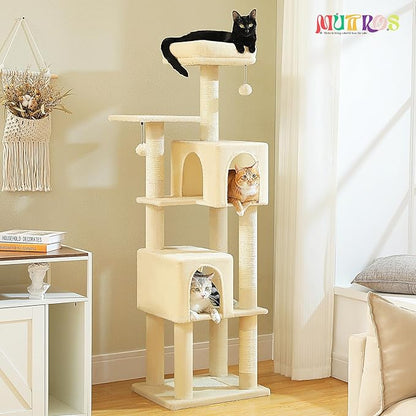 Cat Tree for Indoor Cats, Multi-Level Cat Tower with Sisal Scratching Posts, Padded Platform, Multi-Level Cat Condo w/Soft Bed &amp; Scratching Pad, 2 Pompoms, Sturdy Base, Beige