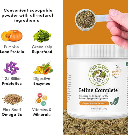 Wholistic Pet Organics Feline Complete Organic Pumpkin - 8 Oz - Multivitamin &amp; Probiotic Powder for Cats - Natural Cat Food &amp; Digestive Support