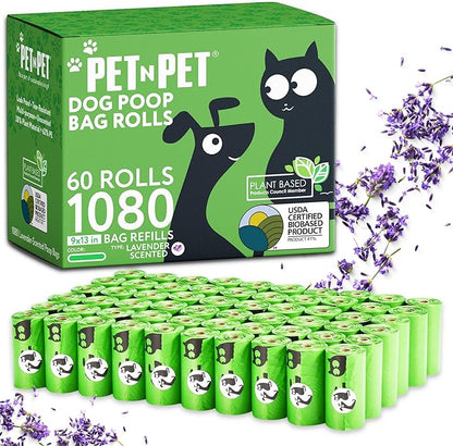 Pet N Pet 1080 Counts Green Poop Bags for Dogs, 41% Plant Based &amp; 59% PE Extra Thick Dog Poop Bags Rolls, 9" x 13", Lavender Scented Pet Waste Bag