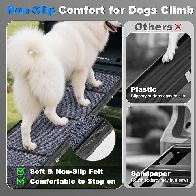 AQUILLA Dog Ramp for Car, 63" Folding Portable Dog Ramp with Non-Slip Rug Surface, Extra Wide Pet Ramps for Cat &amp; Dogs Get on Bed, Cars, Stairs,Pick Up Trucks, Up to 250LBS (63" L x 17.3" W)