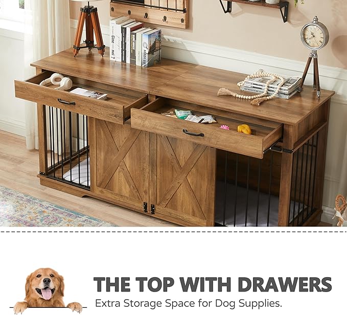 72.5" Extra Large Furniture Style Double Dog Crates for Large Breeds, XXL Wooden Dog Kennel Furniture with Drawers, Divider, Water Resistant &amp; Barn Door for 2 Dogs, Rustic Oak