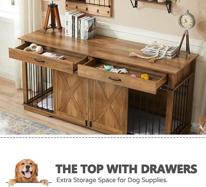 72.5" Extra Large Furniture Style Double Dog Crates for Large Breeds, XXL Wooden Dog Kennel Furniture with Drawers, Divider, Water Resistant &amp; Barn Door for 2 Dogs, Rustic Oak