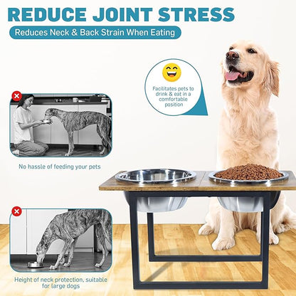 Elevated Dog Bowls for Large &amp; Extra Large Breed Dogs - Raised Dog Feeding Station with Two Stainless Steel Bowls - Helps to Reduce Strain on Dog’s Neck &amp; Joints - 3500 ML Capacity
