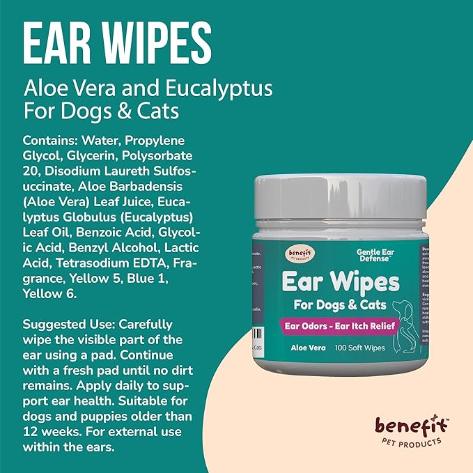 Benefit Pet Products Dog Ear Wipes - Ear Cleaner for Dogs to Prevent Infections, Itching &amp; Odor - Aloe &amp; Eucalyptus, Grooming Wipes - 100 Count