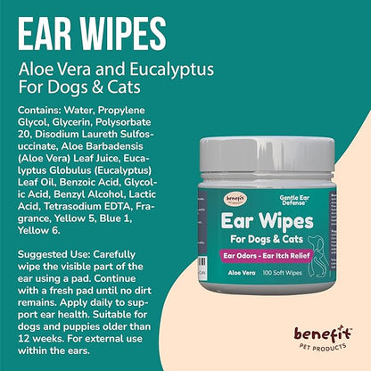 Benefit Pet Products Dog Ear Wipes - Ear Cleaner for Dogs to Prevent Infections, Itching &amp; Odor - Aloe &amp; Eucalyptus, Grooming Wipes - 100 Count