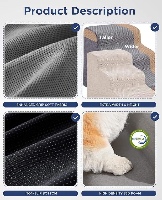 Gray Curved Dog Stairs Ramp for Small Dogs &amp; Cats 17.1" H, 3-Step Dog Steps for Couch Sofa and Chair, Pet Stairs for Cats, Non-Slip Balanced Pet Steps