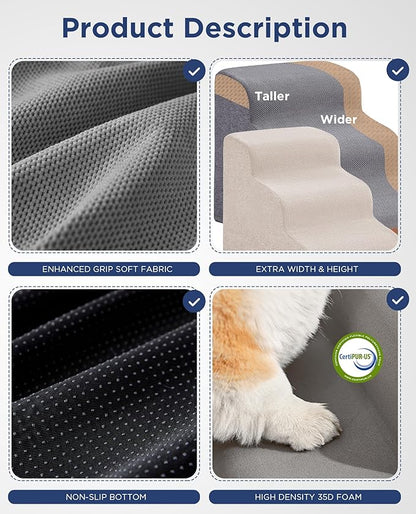 Gray Curved Dog Stairs Ramp for Small Dogs &amp; Cats 17.1" H, 3-Step Dog Steps for Couch Sofa and Chair, Pet Stairs for Cats, Non-Slip Balanced Pet Steps