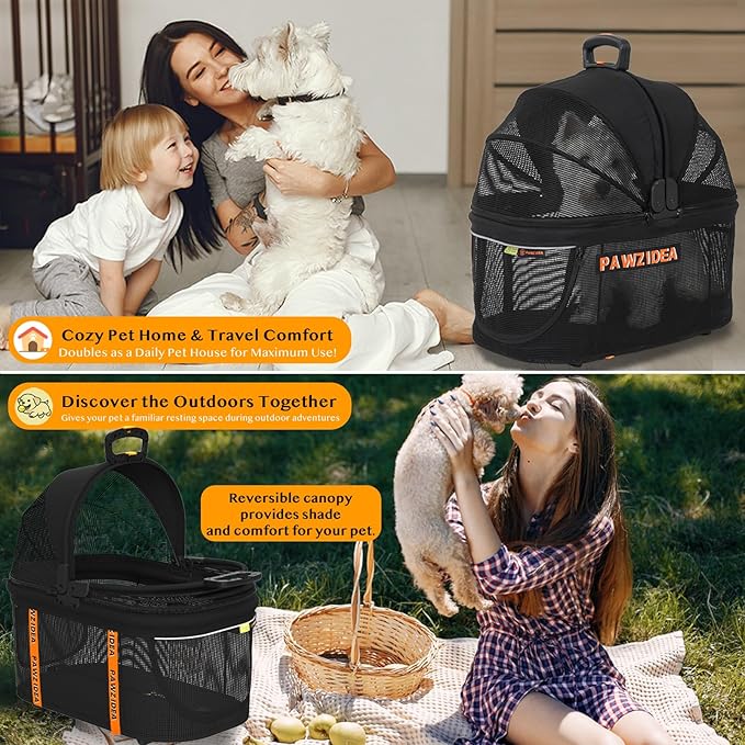 PAWZIDEA Dog Stroller 4 in 1, Pet Stroller for Cats with Detachable Carrier for Small/Medium Dogs/Cats, Seatbelt Car Seat Combo, Cozy House, Foldable &amp; Lightweight Jogger Strollers, Storage Basket