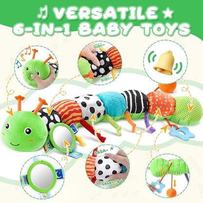 Baby Toys 0-6-12 Months,Musical Caterpillar Stuffed Animals Activity Infant Toys with Crinkle,Rattles,Mirror&amp;Pull String,Muti-Sensory Toys Gifts for Newborn Tummy Time,Green,Knot prolegs