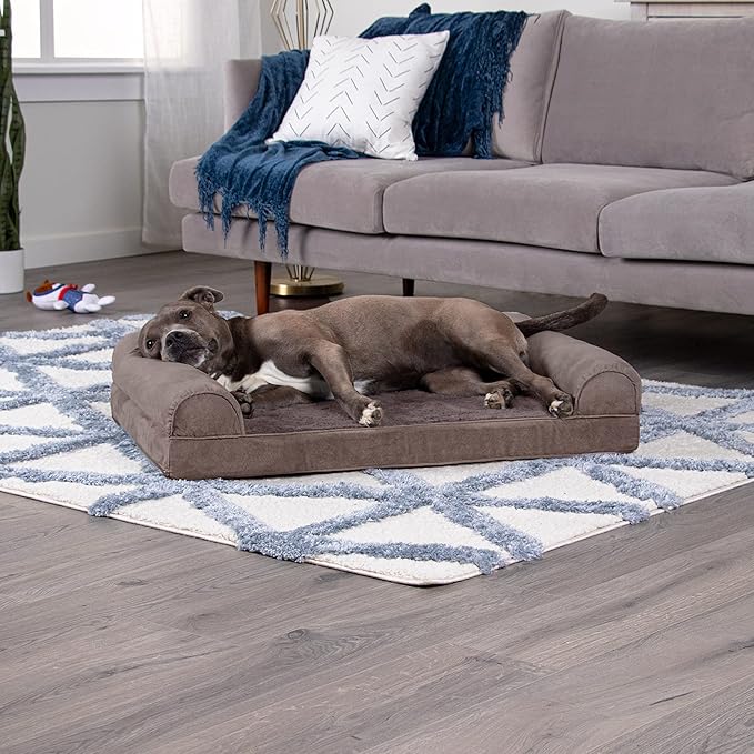 Furhaven Orthopedic Dog Bed for Large/Medium Dogs w/ Removable Bolsters &amp; Washable Cover, For Dogs Up to 55 lbs - Faux Fur &amp; Velvet Sofa - Driftwood Brown, Large