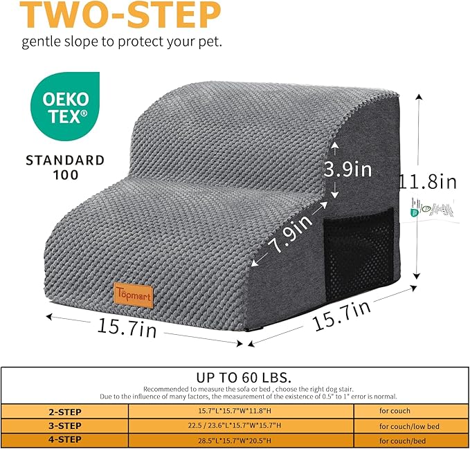 Topmart High Density Foam Pet Steps 2 Tiers,11.8" High,Non-Slip Dog Stairs,Soft Foam Dog Ramp Ladder,Best for Injured,Older Cats,Pets with Joint Pain,Suitable for Low Sofas,Stairs,Lower Place