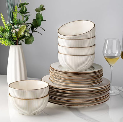 GBHOME Ceramic Dinnerware Sets,18 pcs Embossed Elegant Stoneware Plates and Bowls Sets, Housewarming Wedding Gift | Dishwasher &amp; Microwave Safe | Dishes Set Service for 6