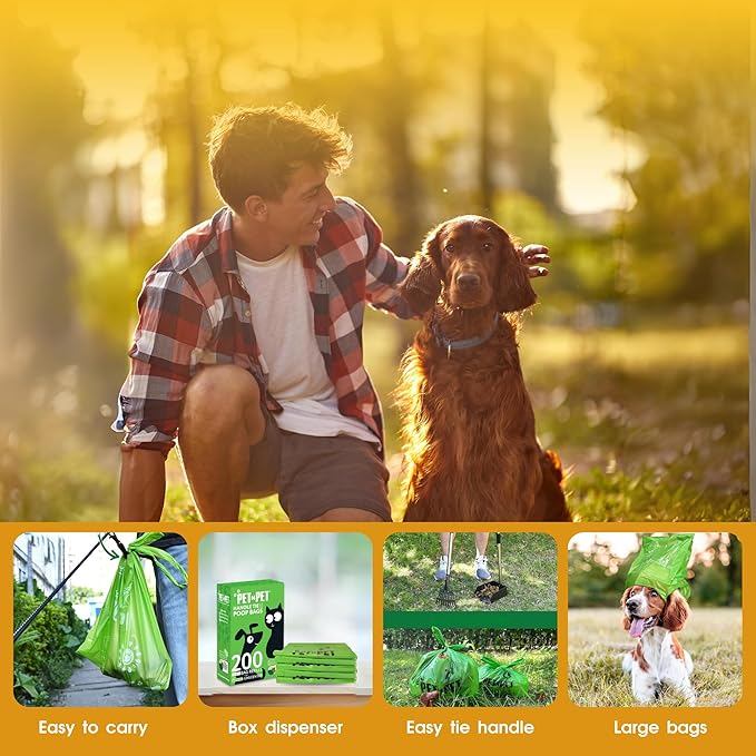 Pet N Pet 200 Counts Unscented Dog Poop Bags Rolls with Tie Handles, 38% Plant Based &amp; 62% PE Poop Bags for Dogs, Extra-Thick Doggie Poo Bag, Pet Waste Bag