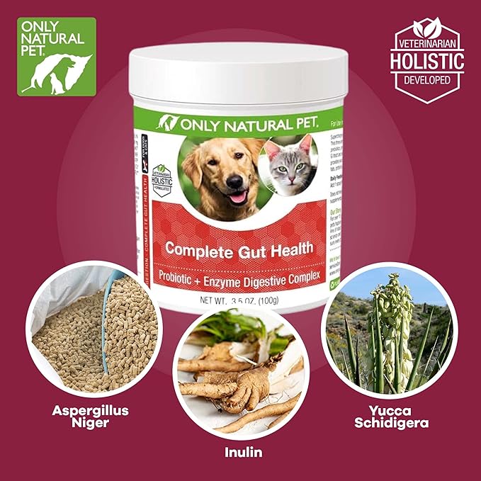 Only Natural Pet Complete Gut Health Complex - Probiotics &amp; Digestive Enzyme Supplement for Dogs &amp; Cats - Promotes Healthy Digestion, Immune System, Nutrient Absorption - Made in USA -3.5oz Powder
