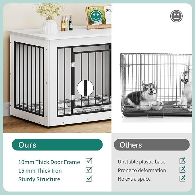 YITAHOME 76 Inch Double Dog Crate Furniture, XXL Dog Crate Furniture for 2 Dogs, Side End Table, Waterproof Top, Safety Corners, 2-in-1 Iron-Wood Fusion Dog Kennel Furniture for 2 Large Dogs,White