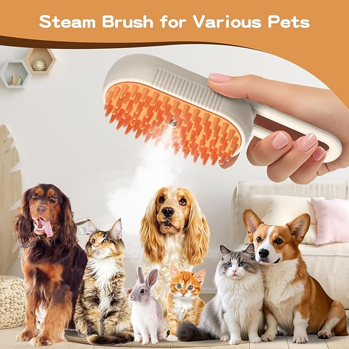Pet Steam Brush, Rechargeable Cat Steam Brush for Shedding, 2025 New &amp; 4 in 1 Pet Spray Hair Removal Comb with Anti-Static,Massage, Cleaning, Shedding &amp; Combing All In One! (Khaki)