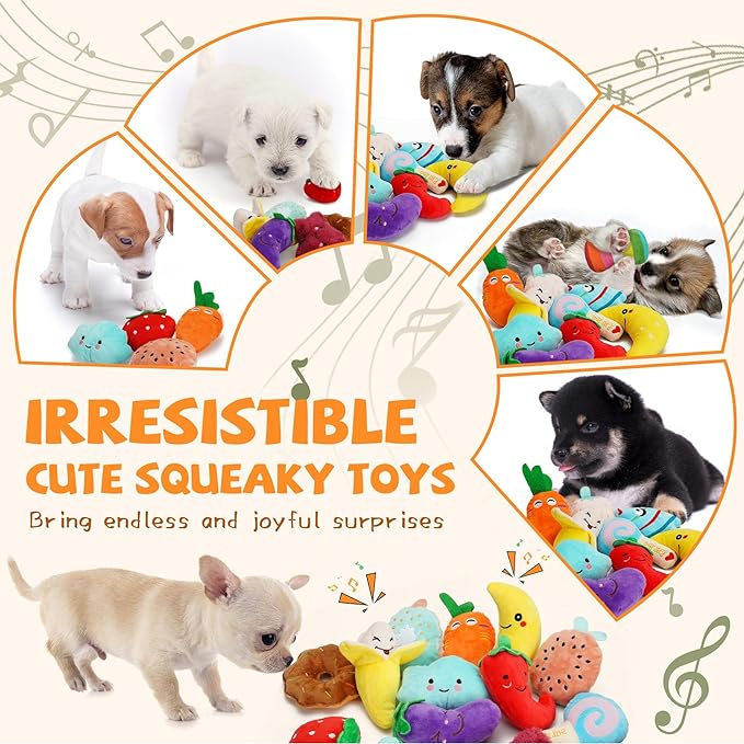 Charming Chorus 20-Pack Squeaky Dog Toys Set - Included 4 Dog Bags, Plush Puppy Toys with Irresistibly Cute Characters for Small Dogs, Interactive Dog Squeak Toys for Fun&amp;Teeth Cleaning