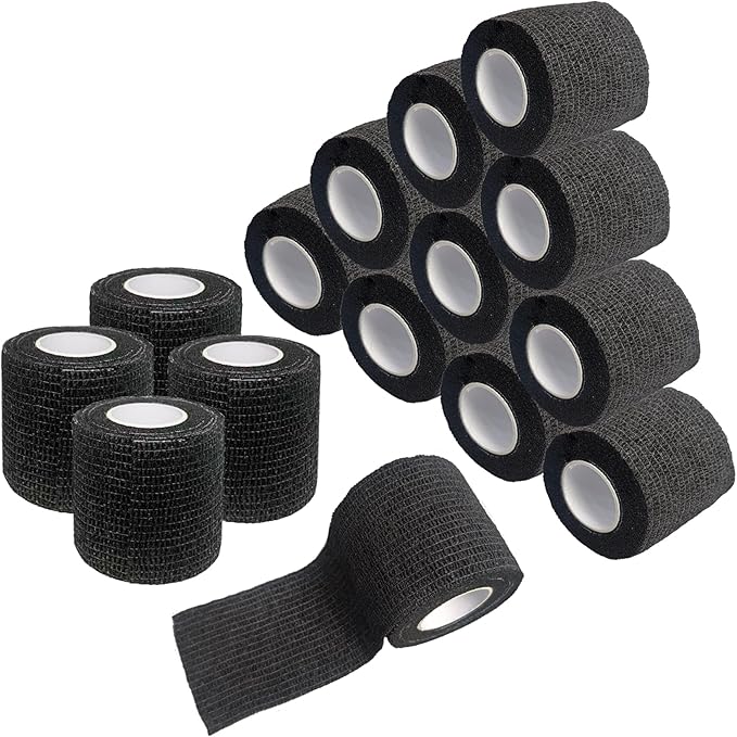 Self Adhesive Tape Wrap 15Rolls,Non-Woven Self Adherent Vet Wrap Tape,5CM x 4.5M Cohesive Bandage Tape for Wrist &amp; Ankle,Elastic Grip Cover (Black-15ROLLS)