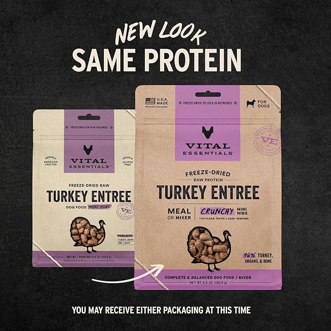 Vital Essentials Freeze-Dried Raw Turkey Meal or Mixer Dog Food Crunchy Mini Nibs, 5.5 oz