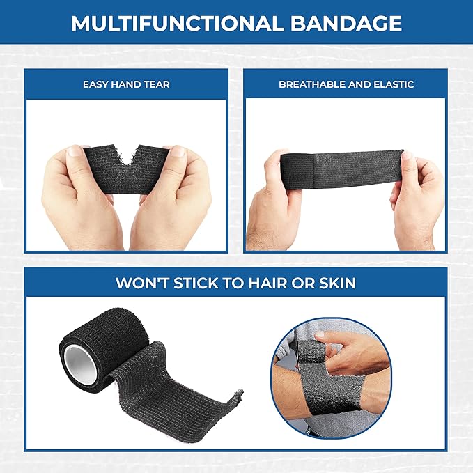 Self Adhesive Bandage Wrap - Pack of 12 Black Color, Non-Woven, Breathable &amp; Water-Resistant Vet Wrap for First Aid, Sports Injury, Body Sprains, &amp; Pets - 2 Inch x 5 Yards