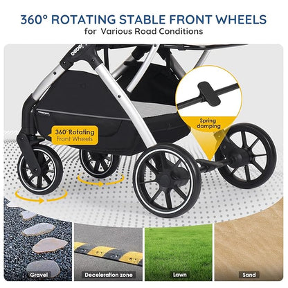T5 Luxury Pet Stroller for Medium Dog Under 60lbs or 2 Small Dogs &amp; Cats with 180 ̊Canopy, Sun Shades, Auto-Folding Stroller for Multiple Pets（Beige）
