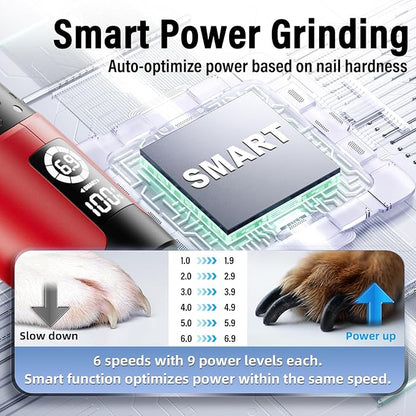 Casfuy Smart 6-Speed Dog Nail Grinder - 50% More Power Pet Nail Grinder with 2 LED Lights Quiet Rechargeable Electric Dog Nail Trimmers File Toenail Grinder for Large Medium Small Dogs &amp; Cats (Red)