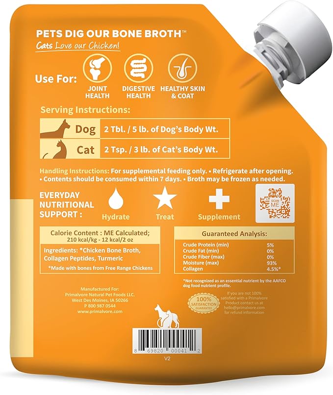 Primalvore Free-Range Bone Broth for Dogs &amp;Cats, Mobility Formula w/Collagen Peptides to Help Support Hip &amp; Joints, Digestion, Skin &amp; Coat and Hydration, Human Grade, Made in USA. Chicken 6 Pack