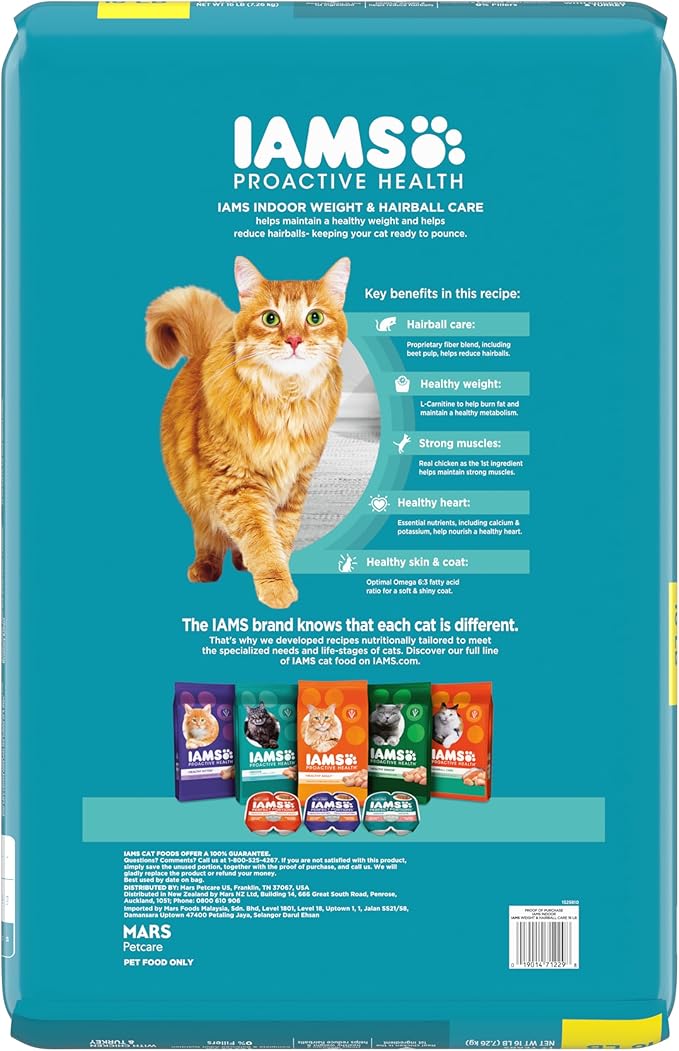 IAMS Proactive Health Indoor Weight Control &amp; Hairball Care Adult Dry Cat Food, Chicken &amp; Turkey Recipe, 16 lb. Bag