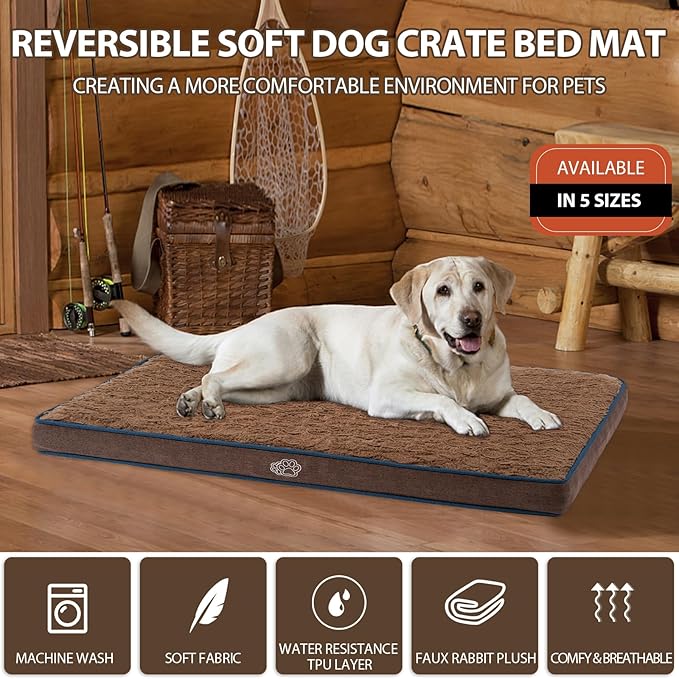 EMPSIGN Dog Bed Mat 35 Inch Reversible Warm &amp; Cool,Washable Dog Crate Bed with Egg Crate Foam Support, Pet Sleeping Mat for Large Medium Small Dogs, Fluffy Kennel Pad(Brown)