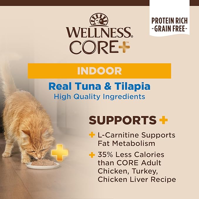 Wellness CORE+ Indoor Pate Adult Wet Cat Food, Natural, Protein-Rich, Grain Free, 2.8 Ounce, 12 Pack (Tuna &amp; Tilapia)