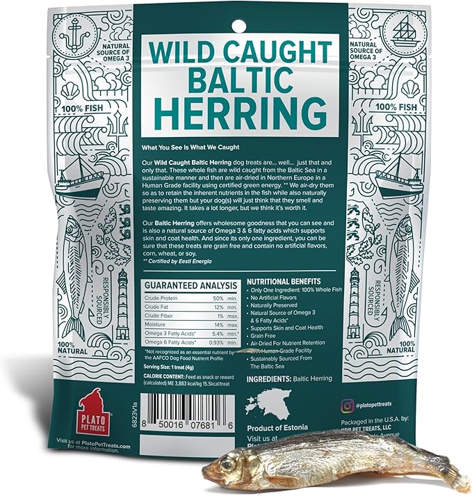 PLATO Pet Treats Fish Dog Treats - Air-Dried, Single Ingredient Dog Treat - with Omega 3 &amp; 6 Fatty Acids to Support Skin and Coat - 100% Whole Fish - Wild Caught Baltic Herring Dog Treats - 3oz