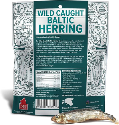 PLATO Pet Treats Fish Dog Treats - Air-Dried, Single Ingredient Dog Treat - with Omega 3 &amp; 6 Fatty Acids to Support Skin and Coat - 100% Whole Fish - Wild Caught Baltic Herring Dog Treats - 3oz