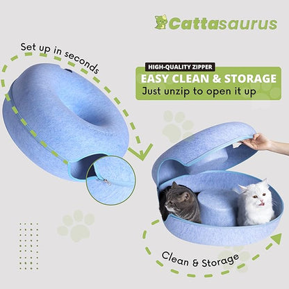CATTASAURUS Peekaboo Cat Cave for Multiple &amp; Large Cats Up to 30-45 Lbs, Scratch Detachable &amp; Washable Tunnel Bed, Comfy Donut Cat Cave (Blue, Large)